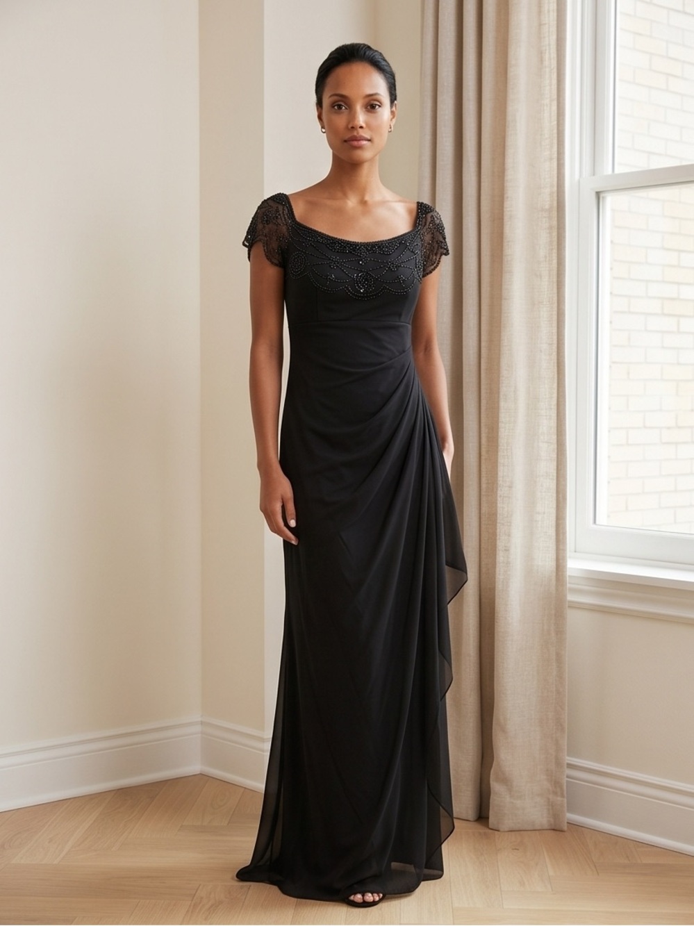 Beaded Cap-Sleeve Black Maxi Dress